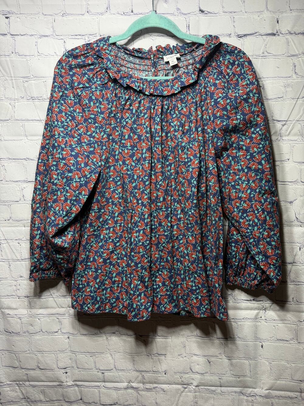 J.Crew Womens Smocked Neck Floral Long Sleeve Top Blue Red Sz XL